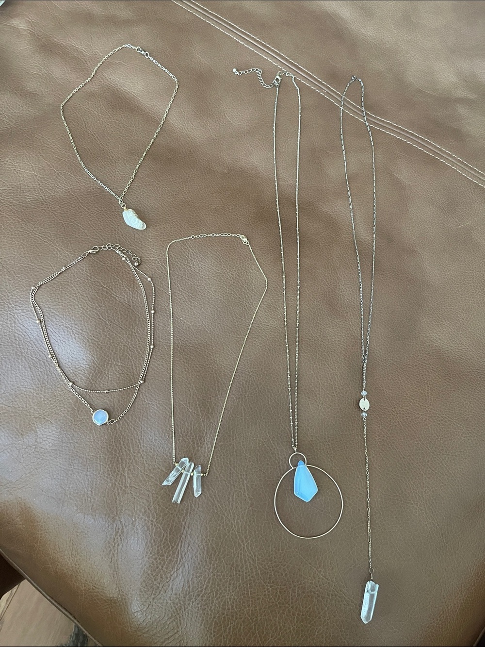 Set of 5 Delicate Mixed Pendant Necklace Set - Gold with Blue Accents